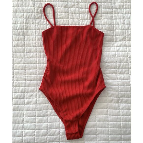 Topshop Red Ribbed Knit Bodysuit Snap Crotch Square Neck Boho Festival Womens 4 - Picture 2 of 9